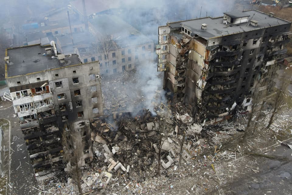 An aerial view shows a residential building destroyed by shelling in Borodyanka