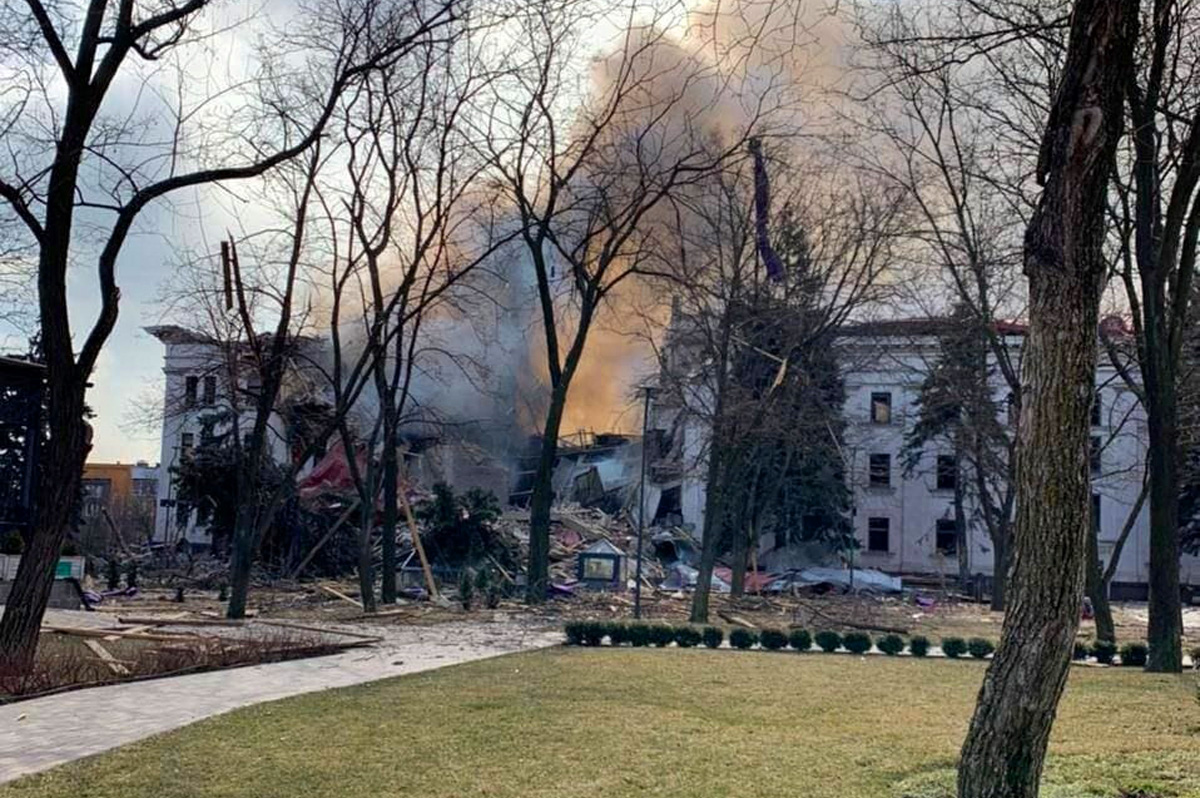 A view shows Donetsk Regional Theatre of Drama destroyed by an airstrike in Mariupol