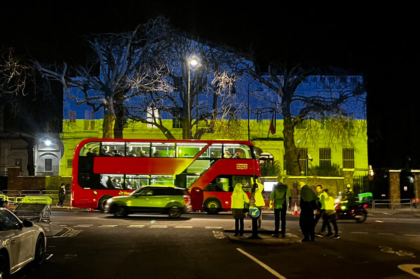 Ukraine flag beamed onto Russia’s London embassy in protest