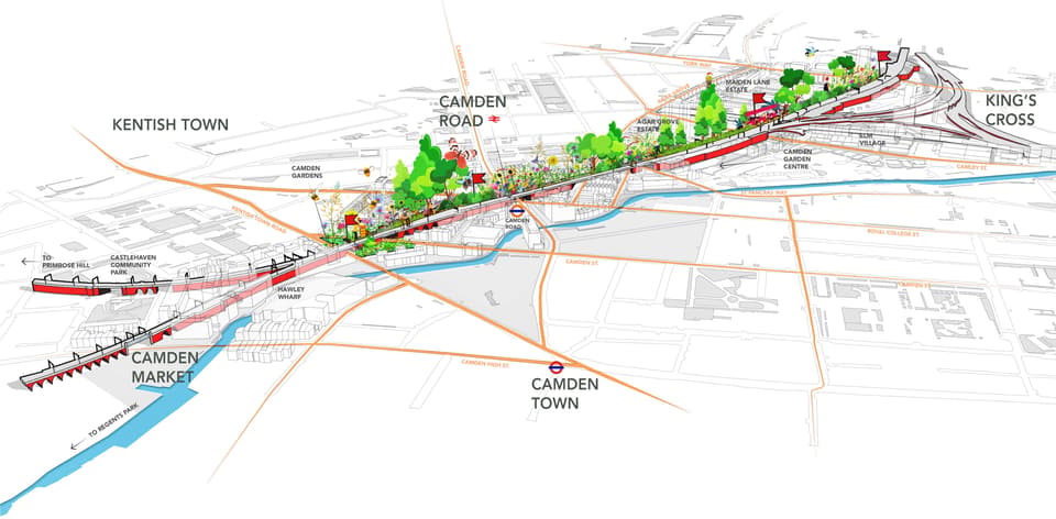 A map showing the route the Camden Highline will take when built