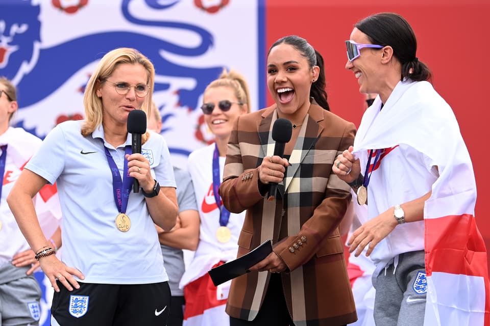 The Lionesses Lift The UEFA Women's Euro Trophy In Victory Celebration For Fans