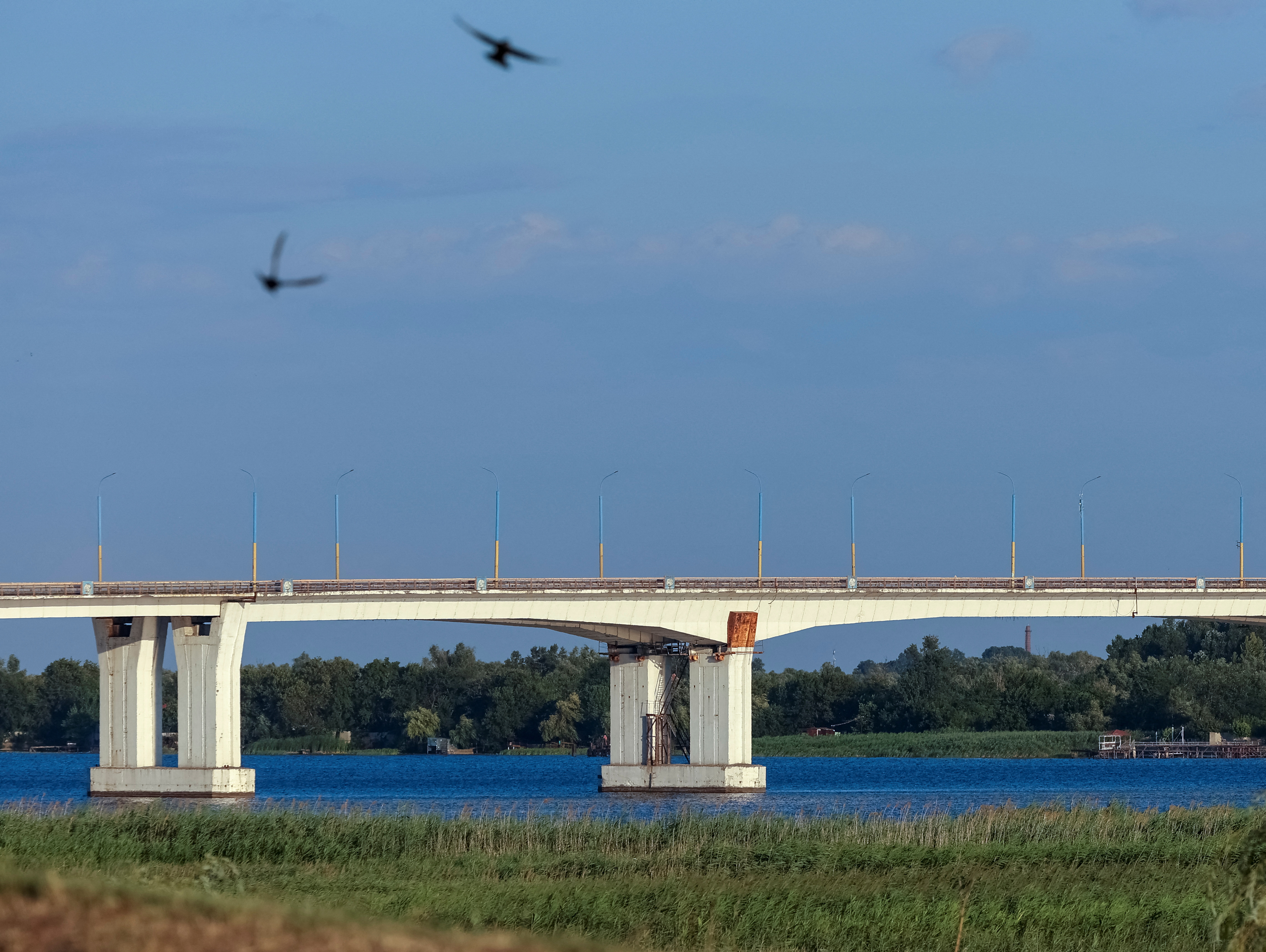 Antonivskyi bridge sits across Dnipro River in the Russia-controlled Kherson region of southern Ukraine