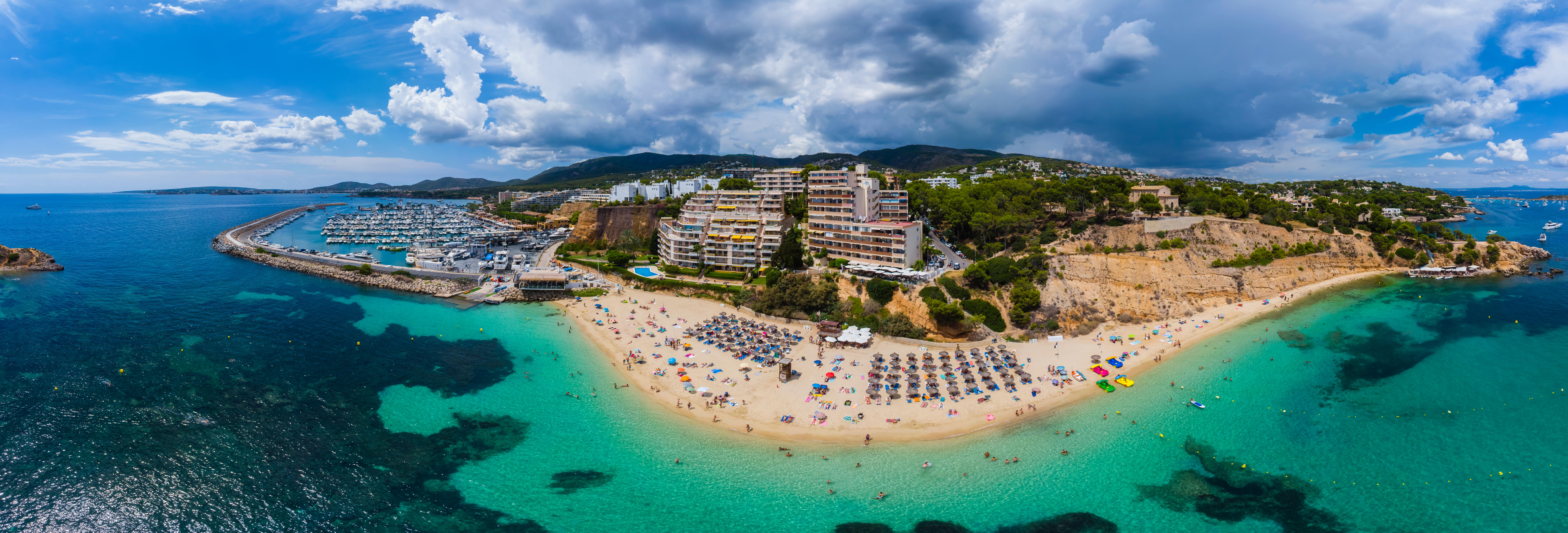 Spain, Balearic Islands, Mallorca, Aerial view of Portals Nous, beach Platja de S'Oratori