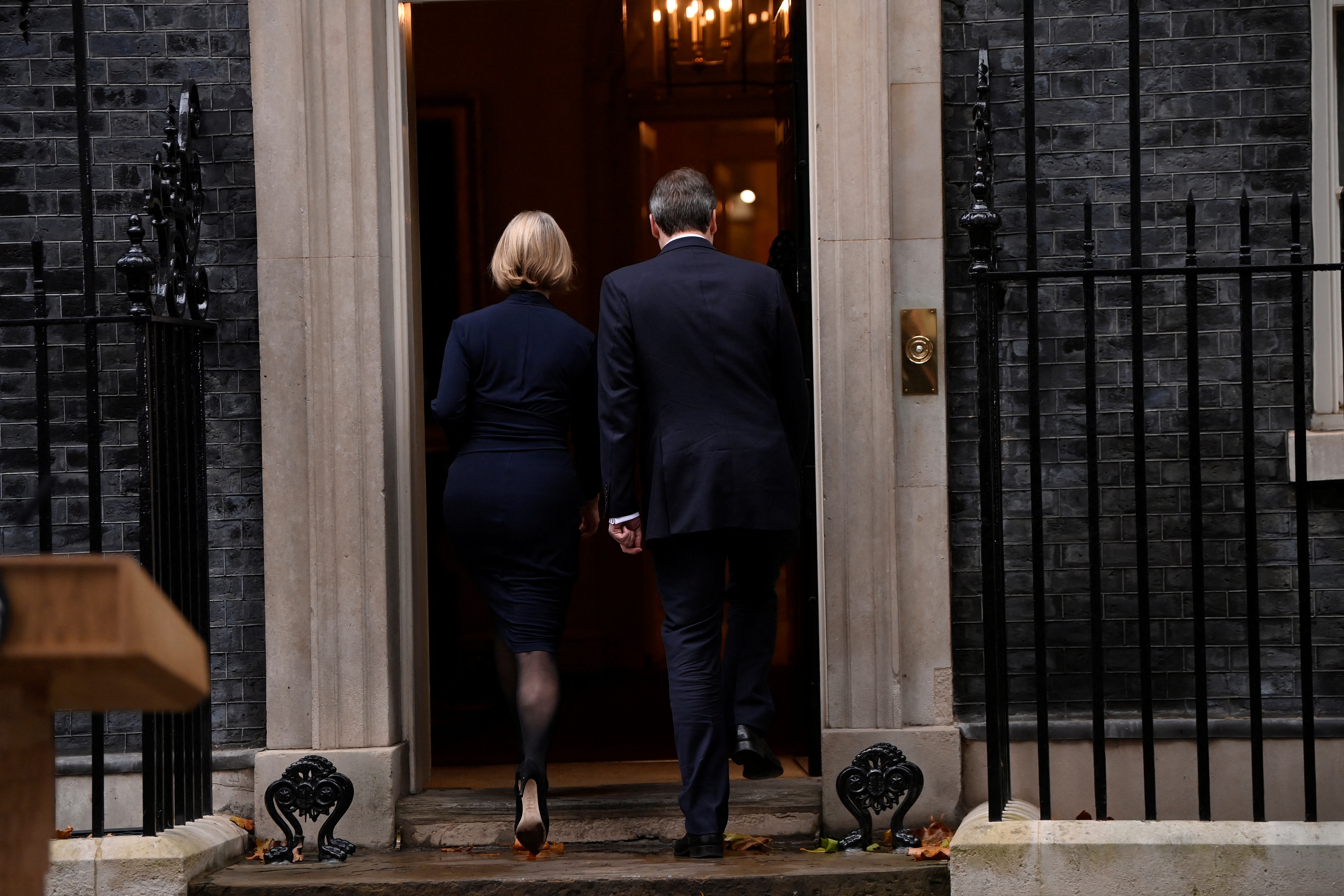 British Prime Minister Liz Truss announces her resignation outside Number 10 Downing Street, London