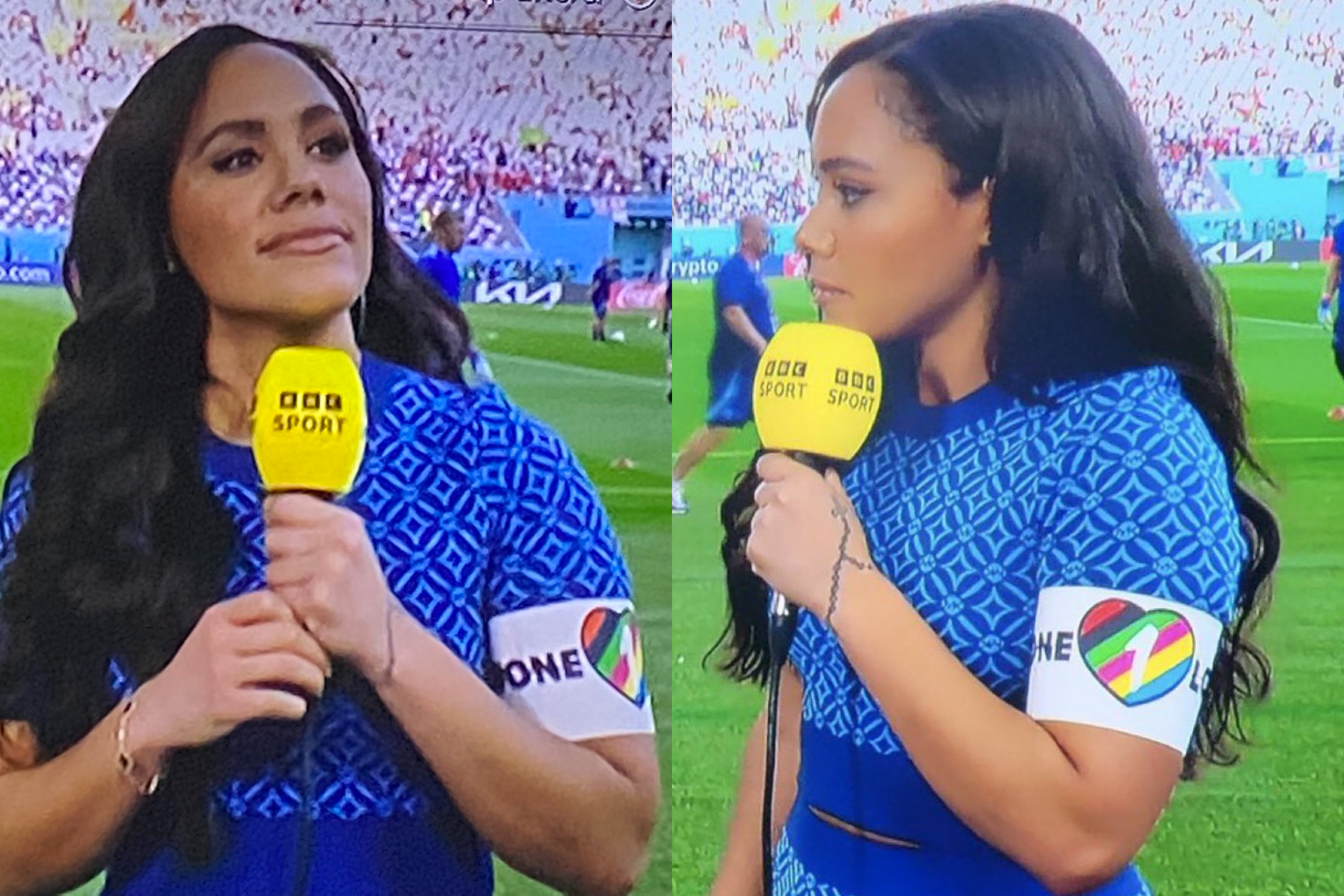 Alex Scott wears OneLove armband during BBC coverage of England vs Iran