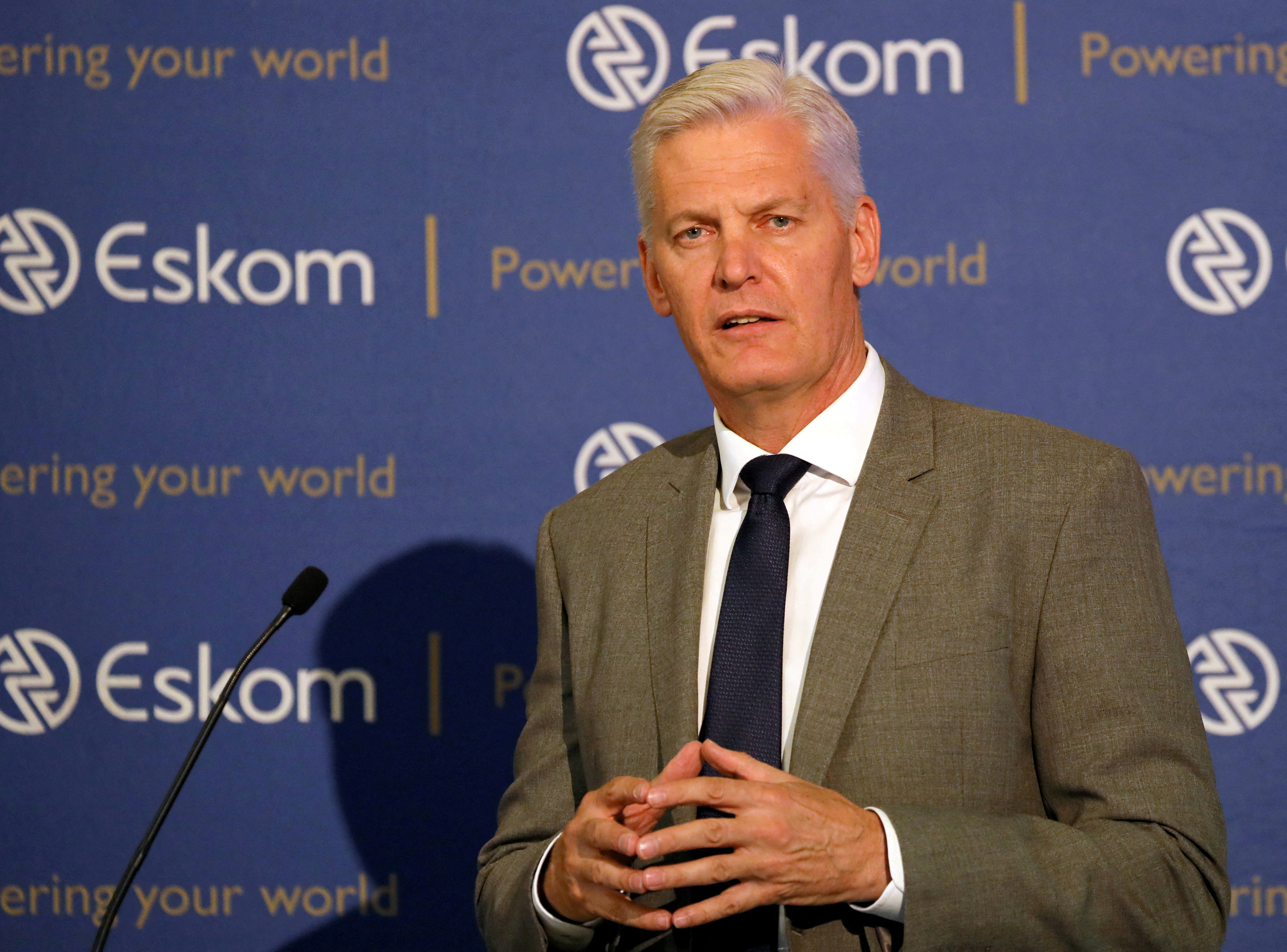 FILE PHOTO: Andre de Ruyter, Group Chief Executive of state-owned power utility Eskom speaks during a media briefing in Johannesburg