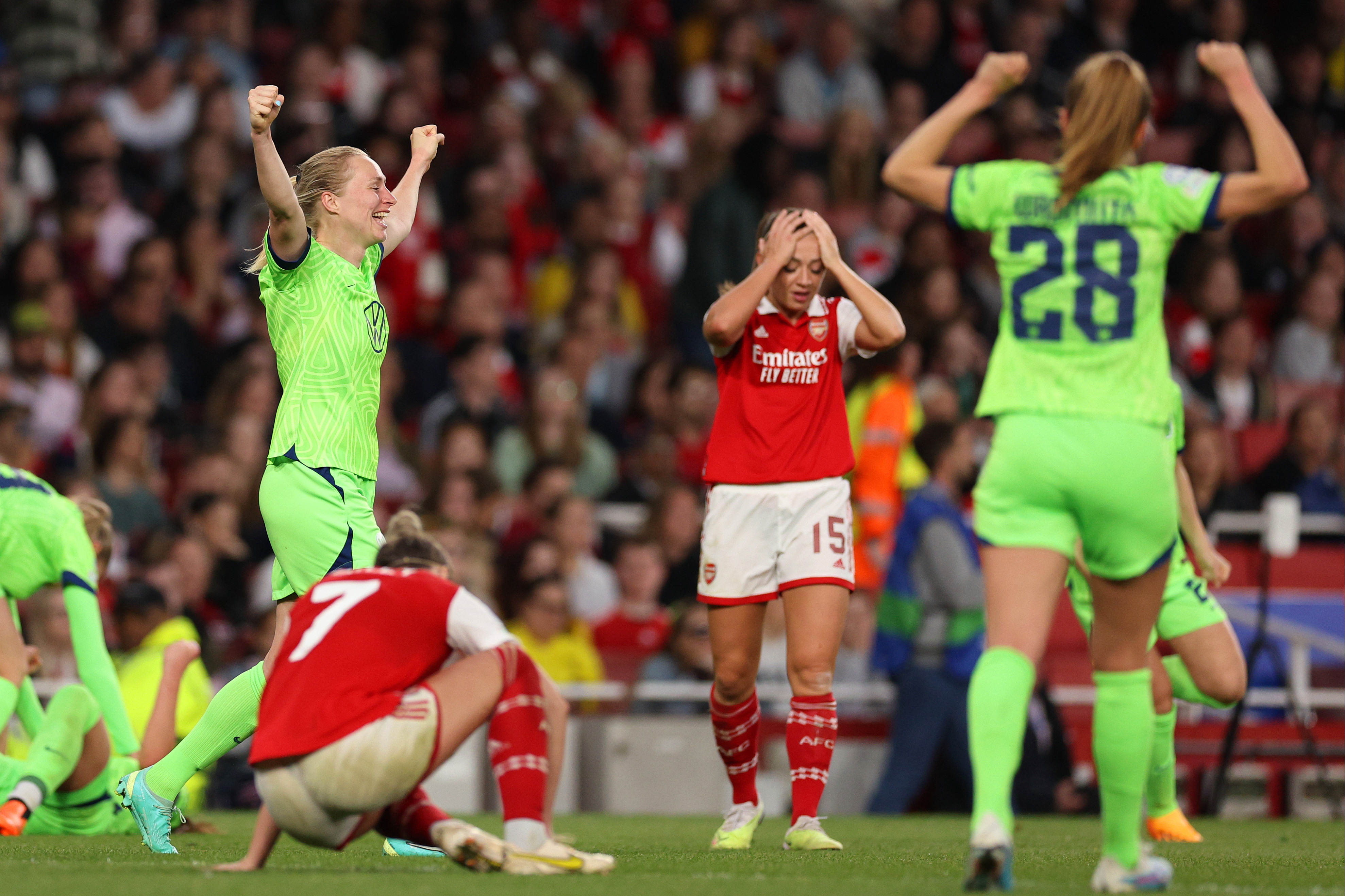 Arsenal’s battling Women’s Champions League run over as Wolfsburg land cruel late blow at sold-out Emirates