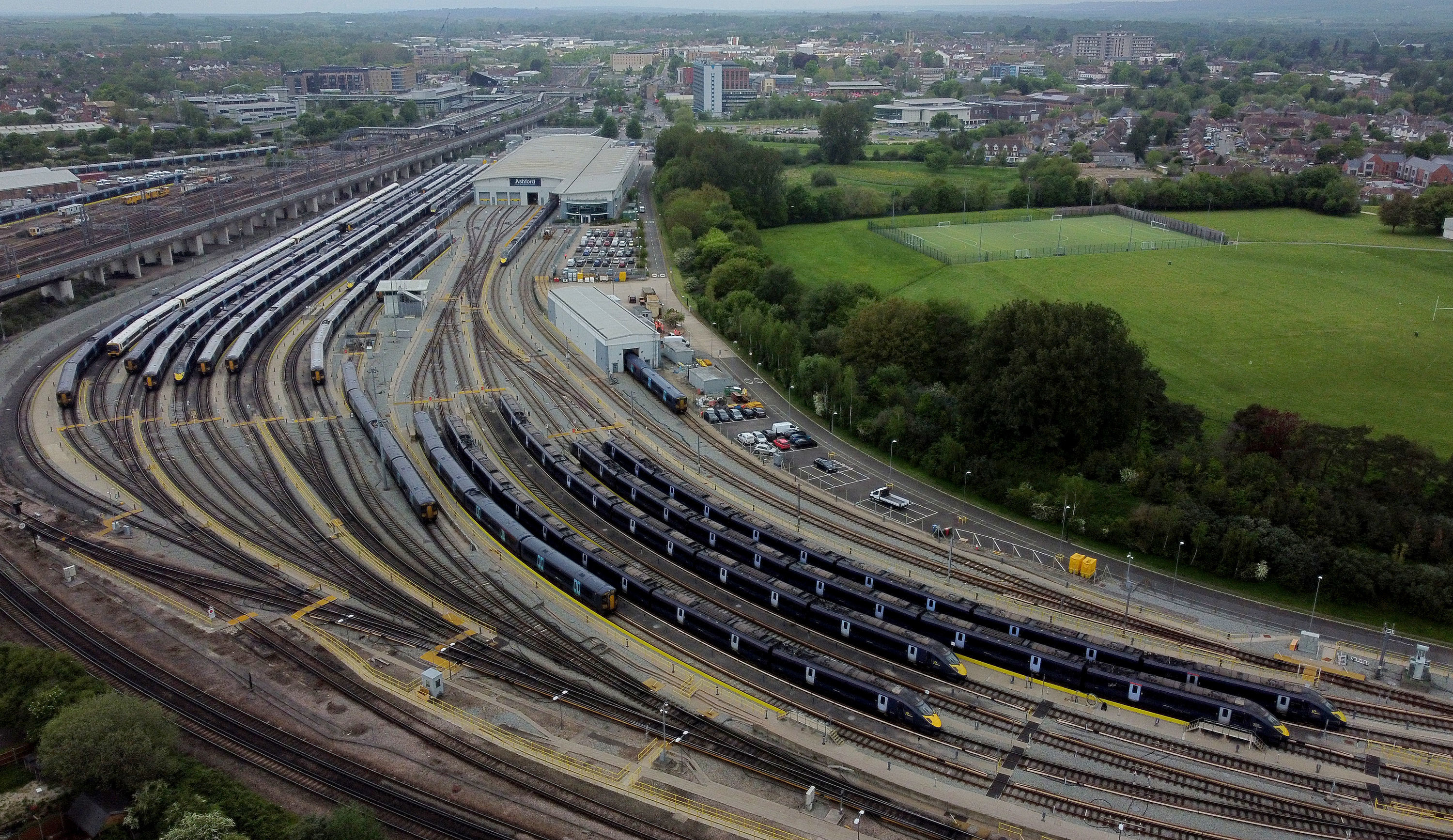 Southeastern trains in sidings at Ashford International railway station in Kent