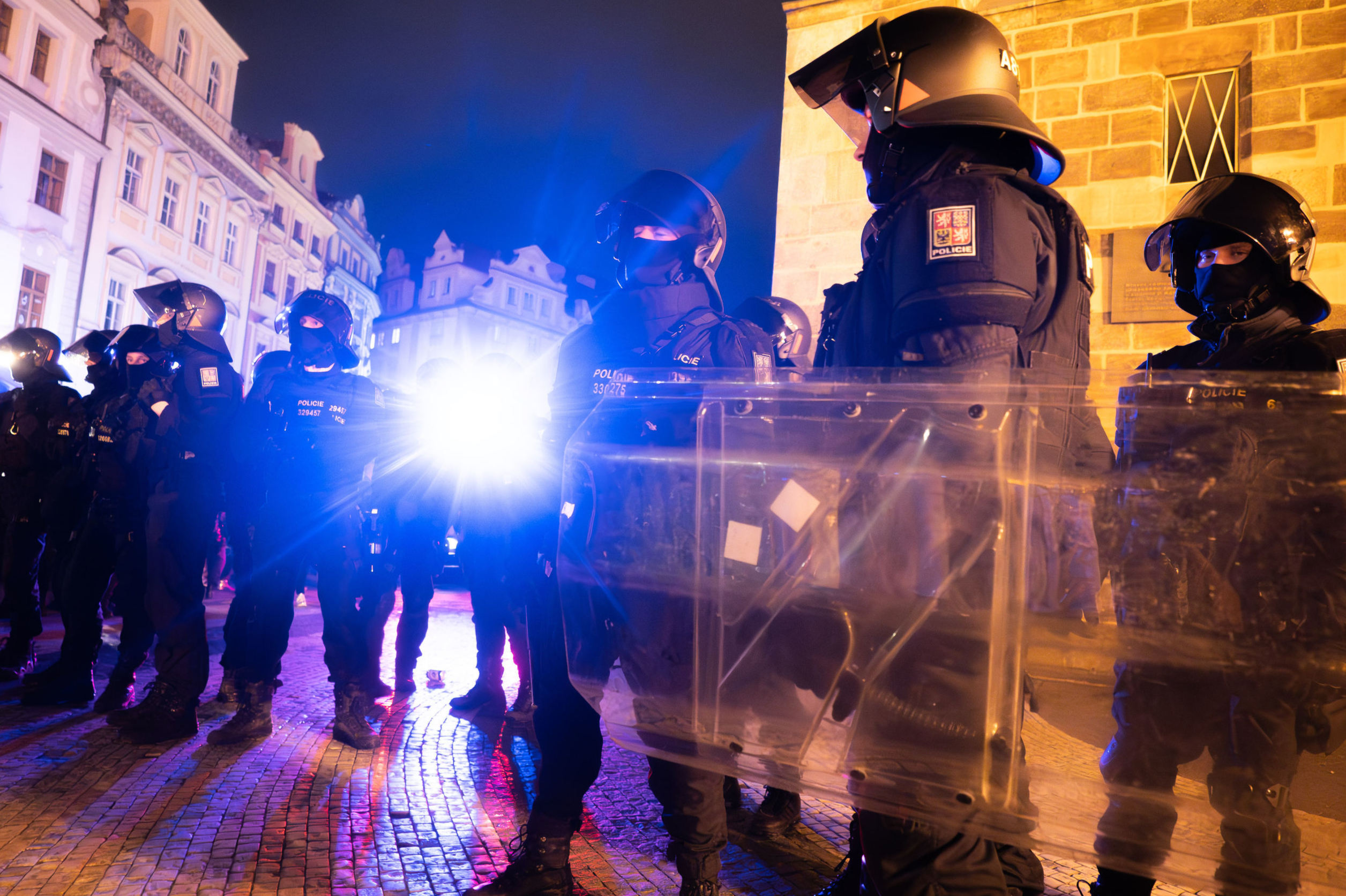 West Ham fans clash with riot police during Europa Conference League celebrations in Prague