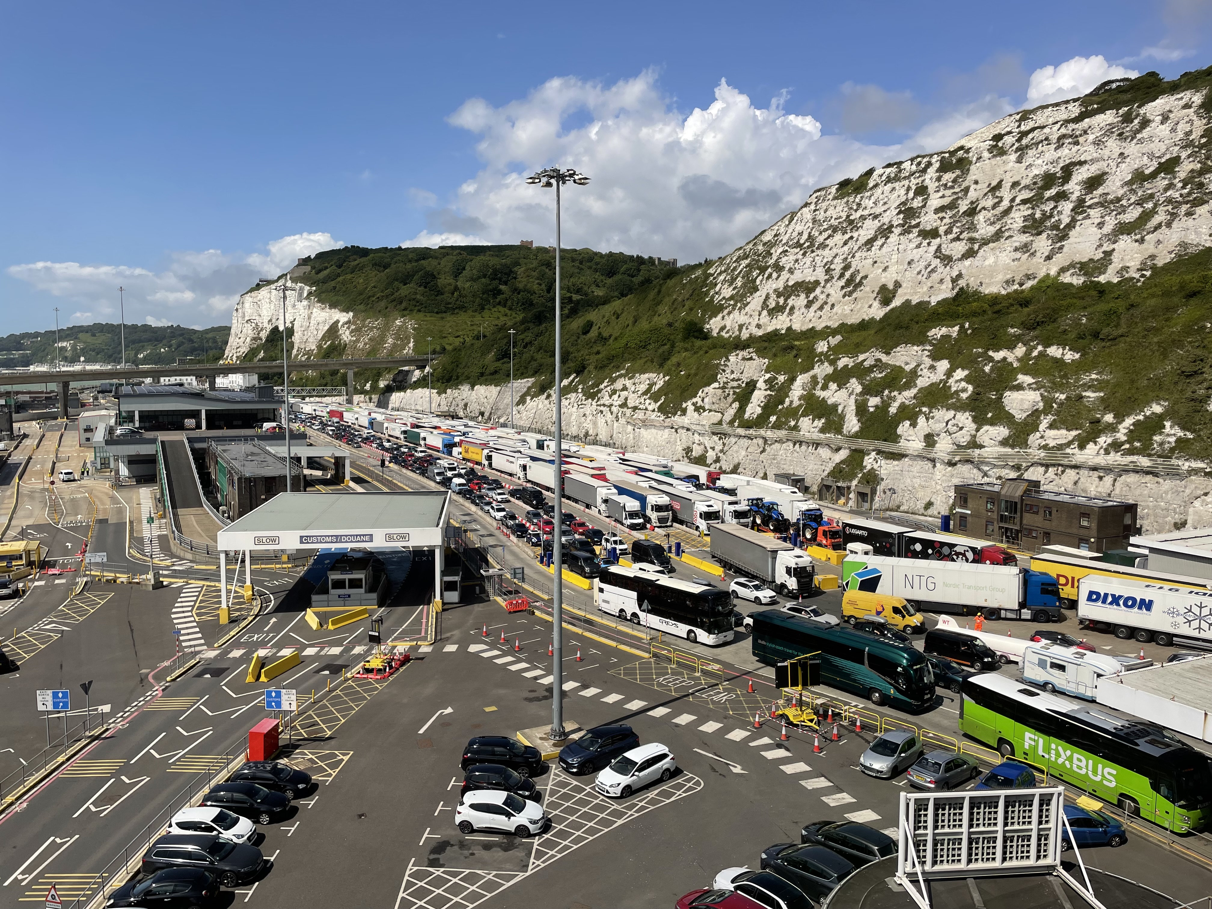 Lorries, coaches and cars queue at Dover on Monday, July 17, 2023