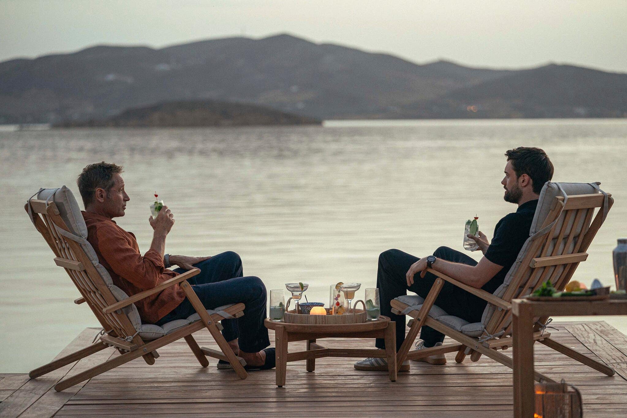 Jack Whitehall and David Duchovny enjoy cocktails in Greece in Malice first look