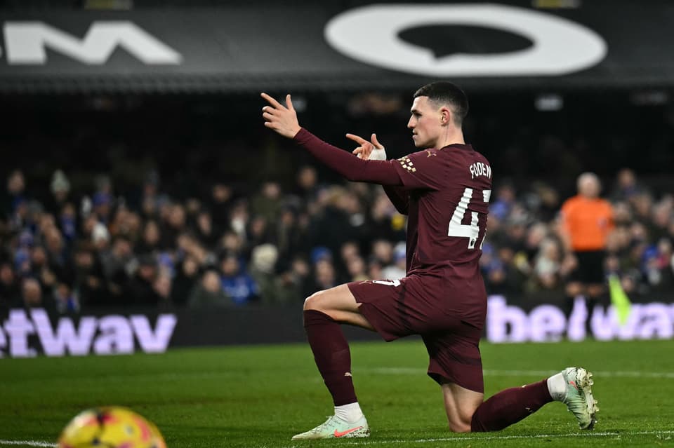 Phil Foden celebrates scoring his second goal for Man City against Ipswich