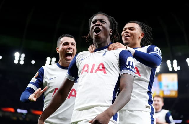 Damola Ajayi celebrates after scoring for Tottenham against Elfsborg