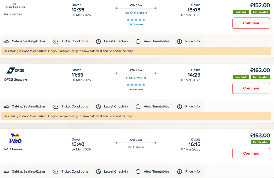 Three ferry services and their prices