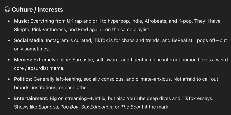 Culture and interests of average London Gen Z ChatGPT