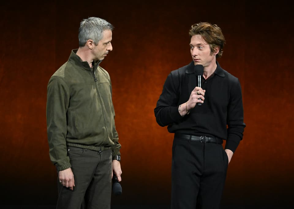 Jeremy Allen White (R) at the Walt Disney Presentation as part of CinemaCon  in Las Vegas, Nevada