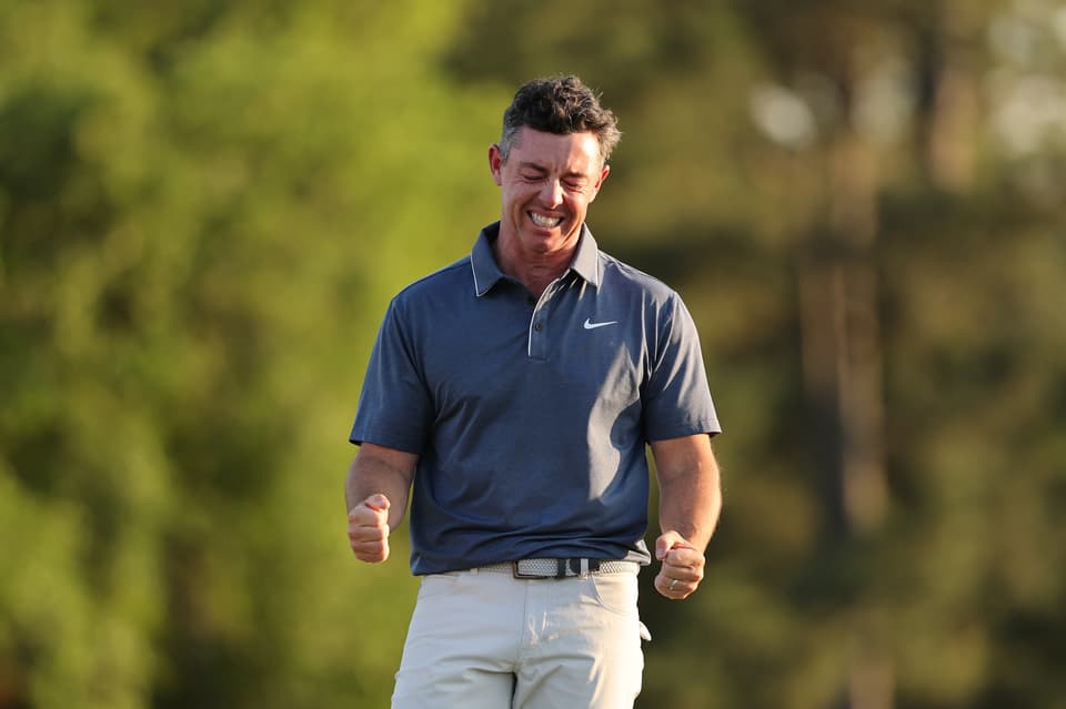 Rory McIlroy of Northern Ireland celebrates winning the 2025 Masters Tournament