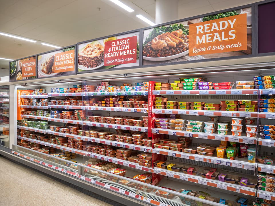 Ready meals inside Sainsbury’s supermarket, UK