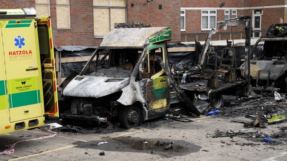 The burnt out remains of Hatzola ambulances at the Jewish Community Ambulance service in in Golders Green, London, after an apparent arson attack on four ambulances on Monday. Picture date: Tuesday March 24, 2026. PA Photo. Photo credit should read: Jamie Lashmar/PA Wire
