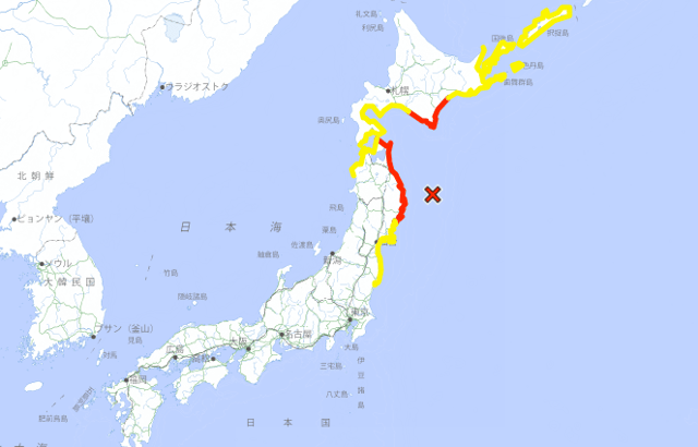 Japan Meteorological Society map shows areas under the tsunami warning 