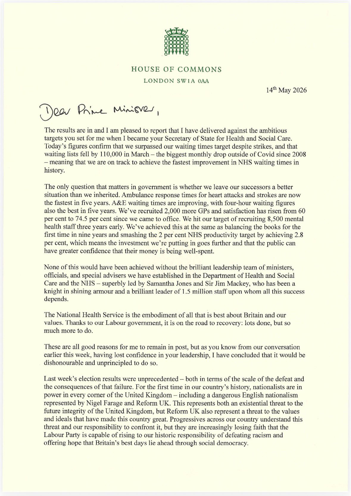 Wes Streeting's devastating resignation letter in full