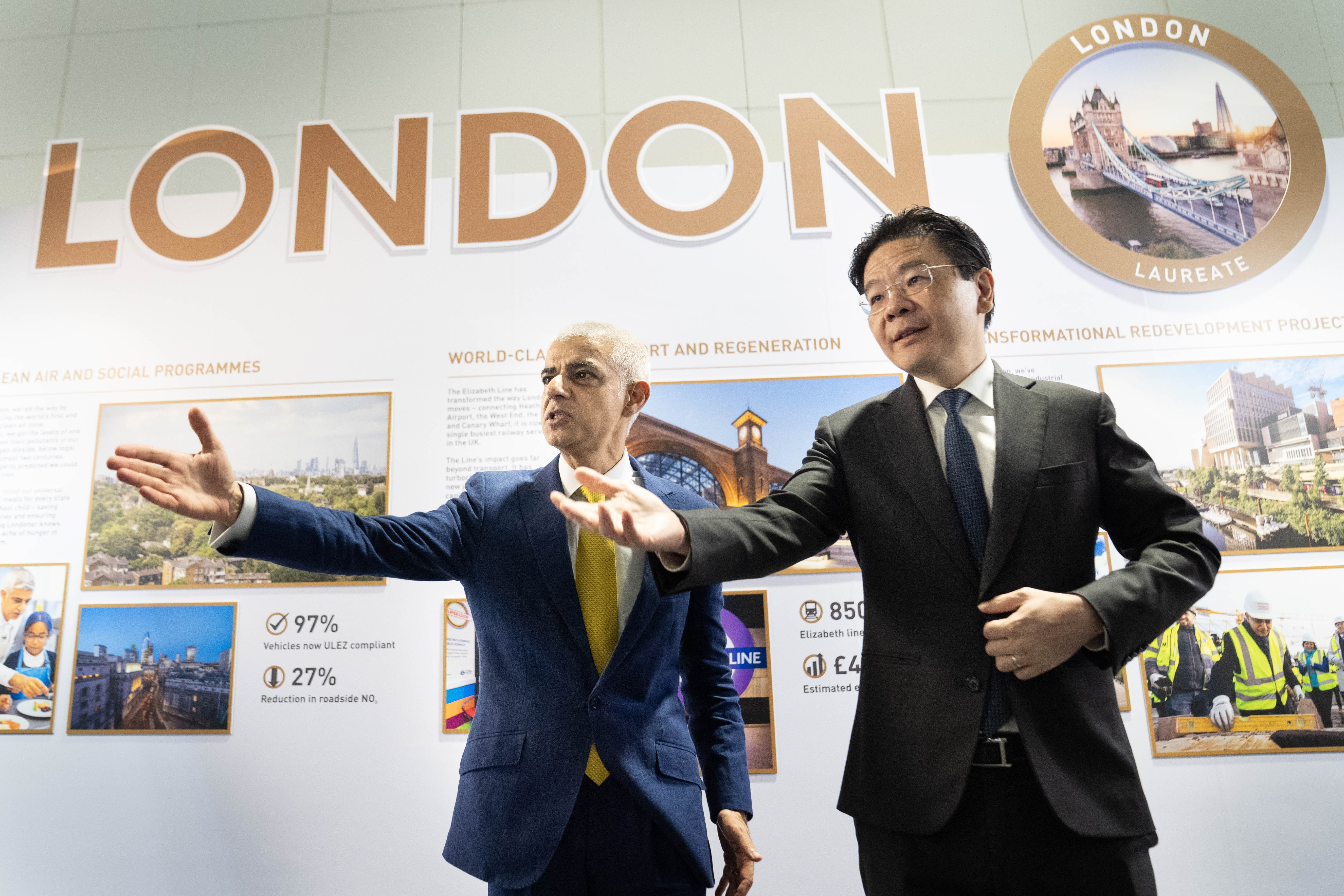 Mayor of London Sadiq Khan (left) meets with the Prime Minister of Singapore, Lawrence Wong (right) at the World Cities Summit on Monday