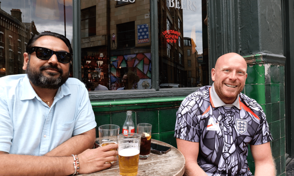 <p>Romesh (left) and David outside Commercial Tavern</p>