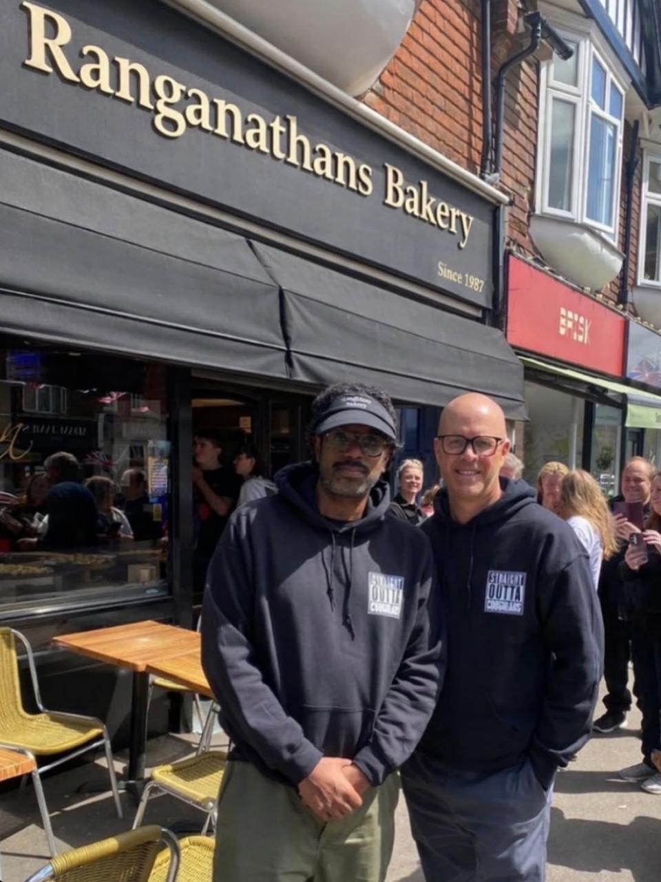 Romesh Ranganathan outside Ranganathan's Bakery in Oxted