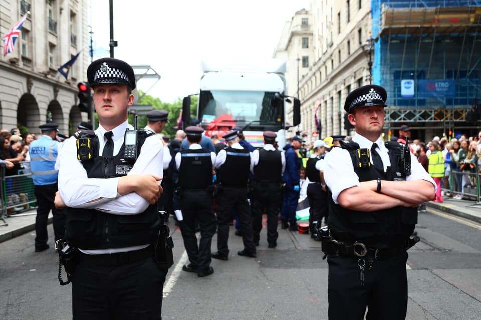 <p>LONDON, ENGLAND - JULY 5: Police stand guard as Youth Demand protesters block the parade route during London Pride 2025 on July 5, 2025 in London, England. London Pride is one of the largest LGBTQ+ events in the world, and this year is headlined by Chaka Khan. (Photo by Alishia Abodunde/Getty Images)</p>