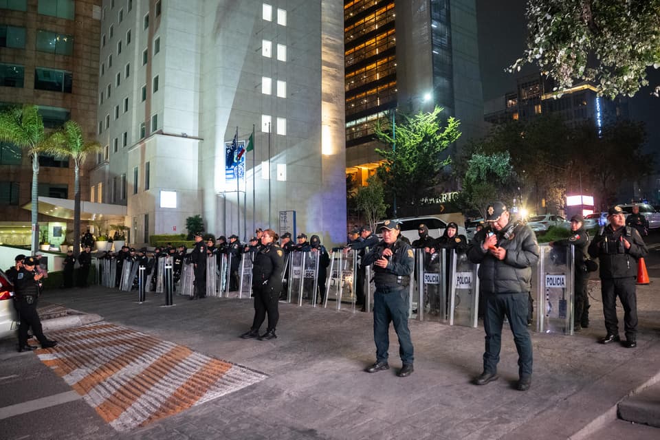 <p>Police outside the England squads hotel in Santa Fe, Mexico City. Ahead of their game against Mexico in the FIFA World Cup 2026. Picture date: Saturday July 4, 2026.</p>