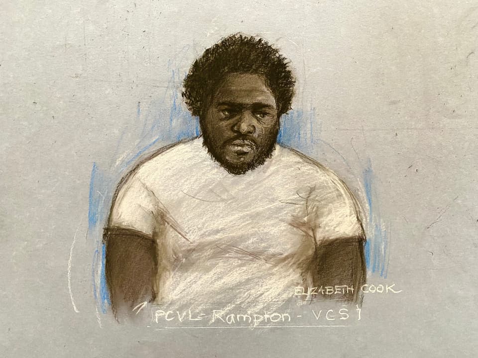 <p>Court artist sketch by Elizabeth Cook of Anthony Williams appearing at Cambridge Crown Court, charged with 10 counts of attempted murder, one count of actual bodily harm and one count of possession of bladed article following a knife attack on a train in Cambridgeshire. Picture date: Thursday July 9, 2026.</p>