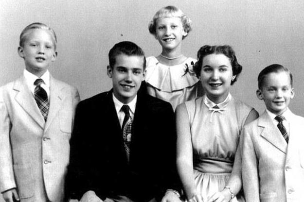 Young Donald Trump as a child on the far left posing with his parents Fred and Mary Trump and his siblings for a family portrait
