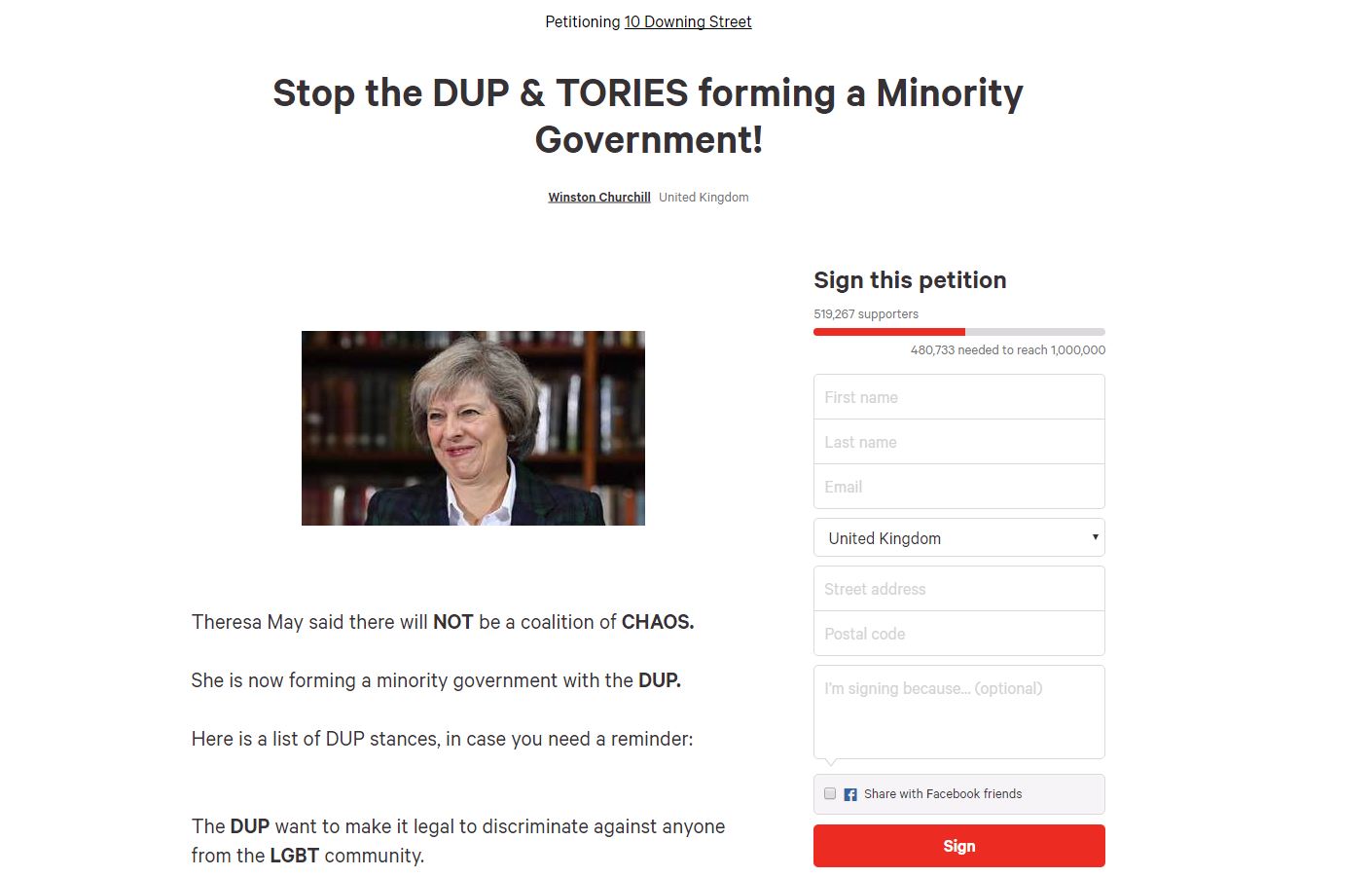 Anti-DUP petition hits 500,000 as anger grows over Tory deal