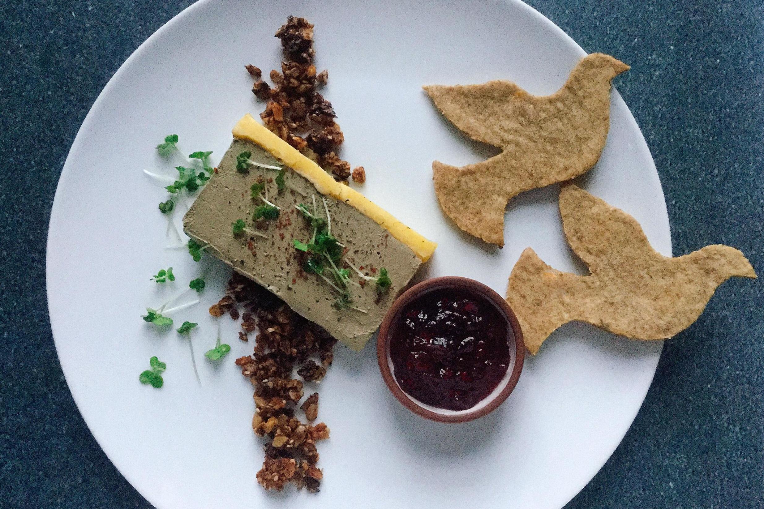 Rye ‘dove’ crackers with chicken liver parfait and savoury granola