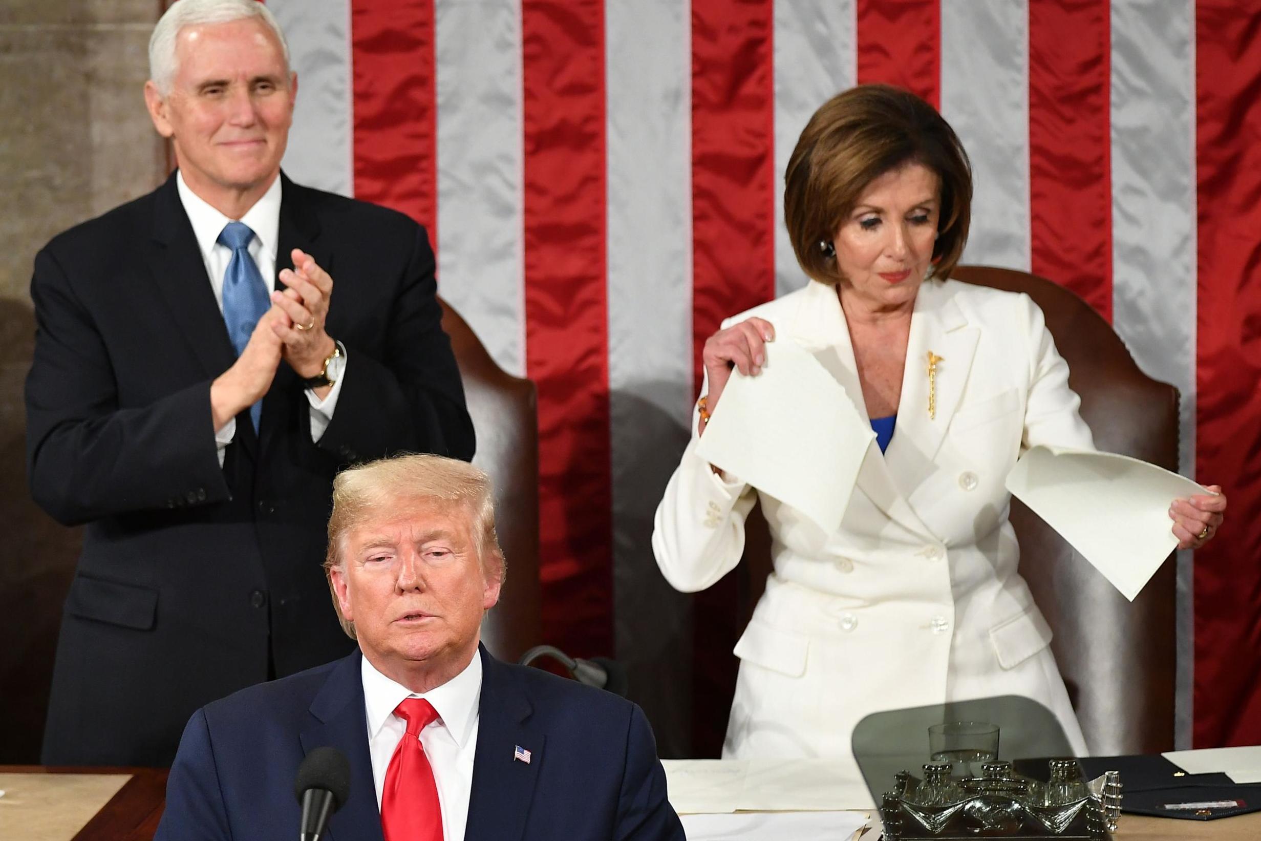 Pelosi rips up Trump State of the Union script after handshake snub