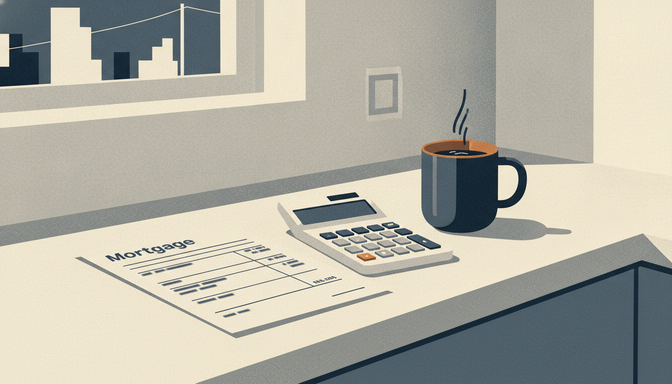 Paper mortgage statement on a kitchen countertop in a young Canadian homeowner's apartment